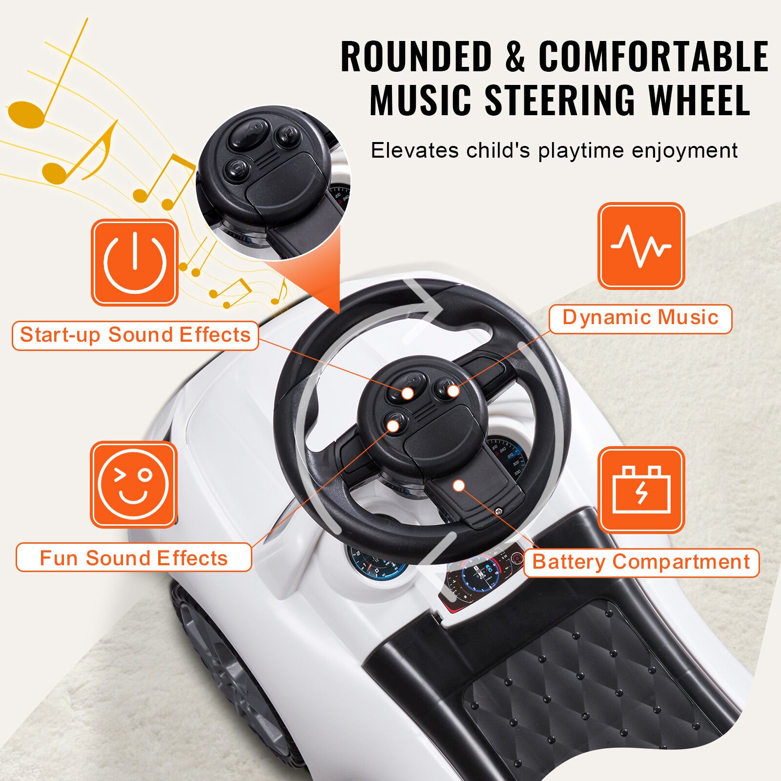 Toddler Push Ride-On Car with Music & Storage, Ages 1-3, White