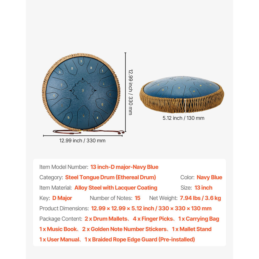 33cm Steel Tongue Drum, 15-Note C Major with Mallets for Relaxation