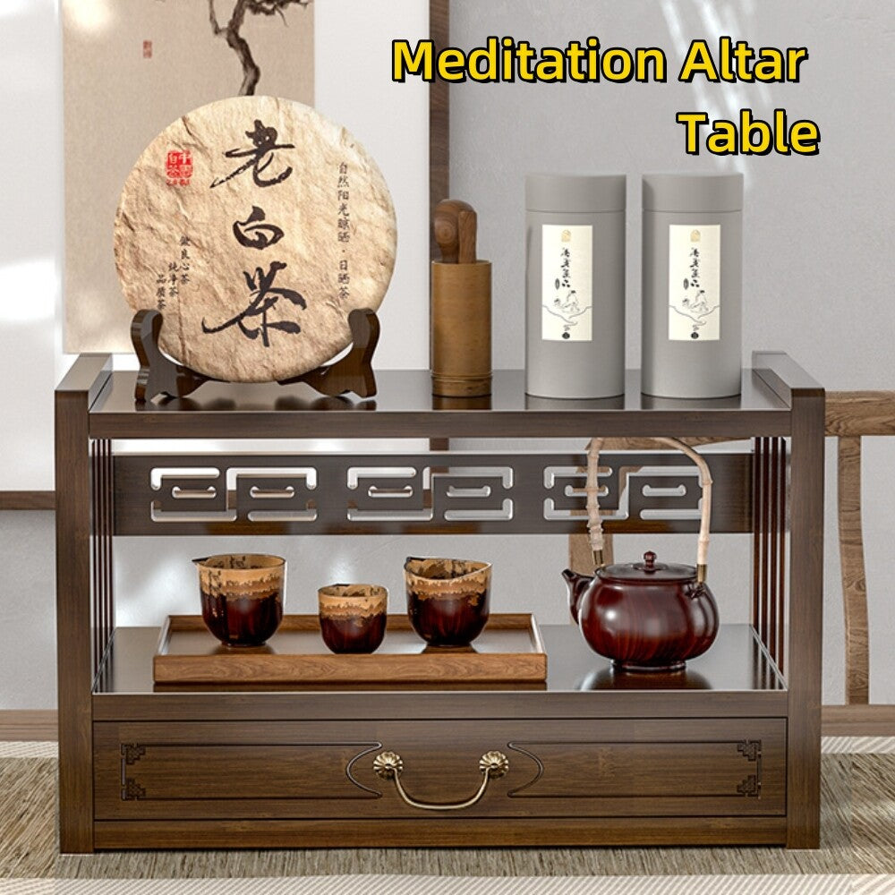 Meditation Altar Table for Spiritual Puja Table with Drawer Bamboo Furniture