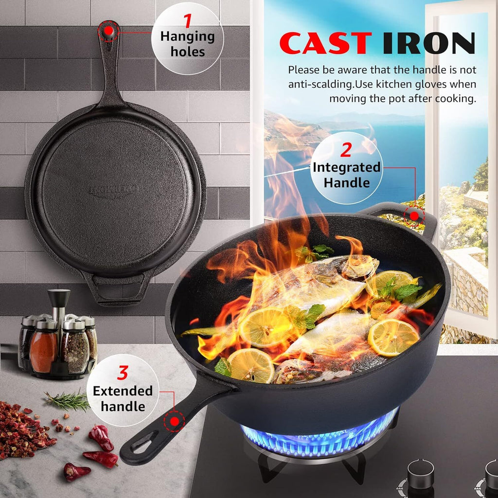 2 In 1 Cast Iron Dutch Oven Skillet 10" Cooker Pot for BBQ &Cooking & Frying Pan