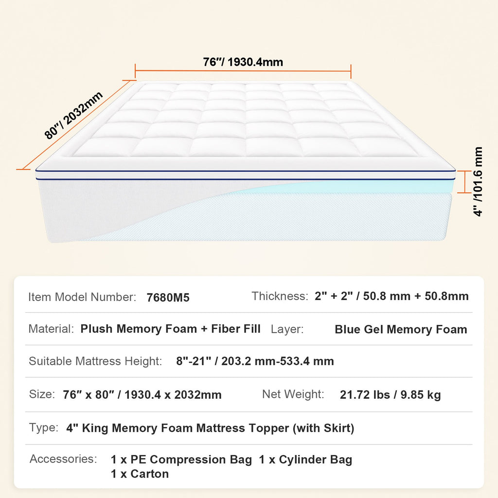 King Size Memory Foam Mattress Topper with Cooling Gel, 101.6 mm Thickness