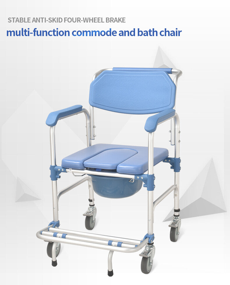 Aluminum Mobile Shower Toilet Commode Chair Bathroom Bedside Footrest Wheelchair