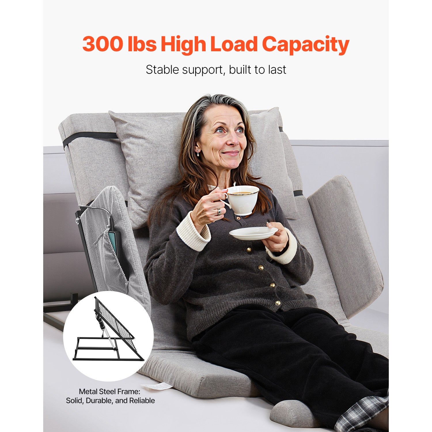 Adjustable Electric Bed Backrest with Guardrail & Pouch, 300lbs Capacity