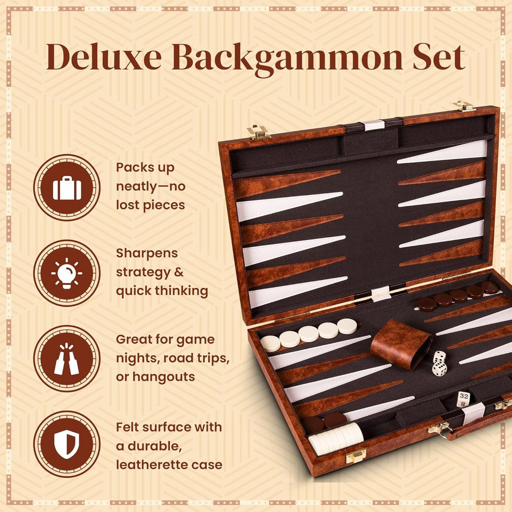 18 inch Premium Leather Backgammon Board Game Set Large Classic Board Game Case