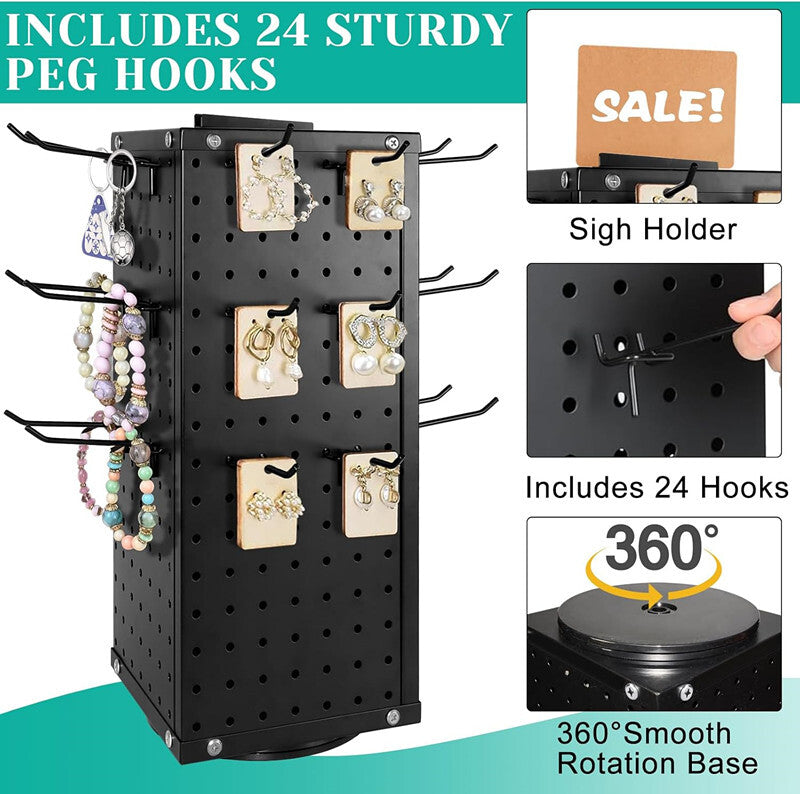 Metal Pegboard Display Rack Spinning Jewelry Earring Display Stand W/ 24x Hooks