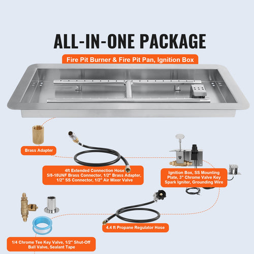 24x8 inch Drop-in Fire Pit Pan with H-shape Burner Kit, 120,000 BTU