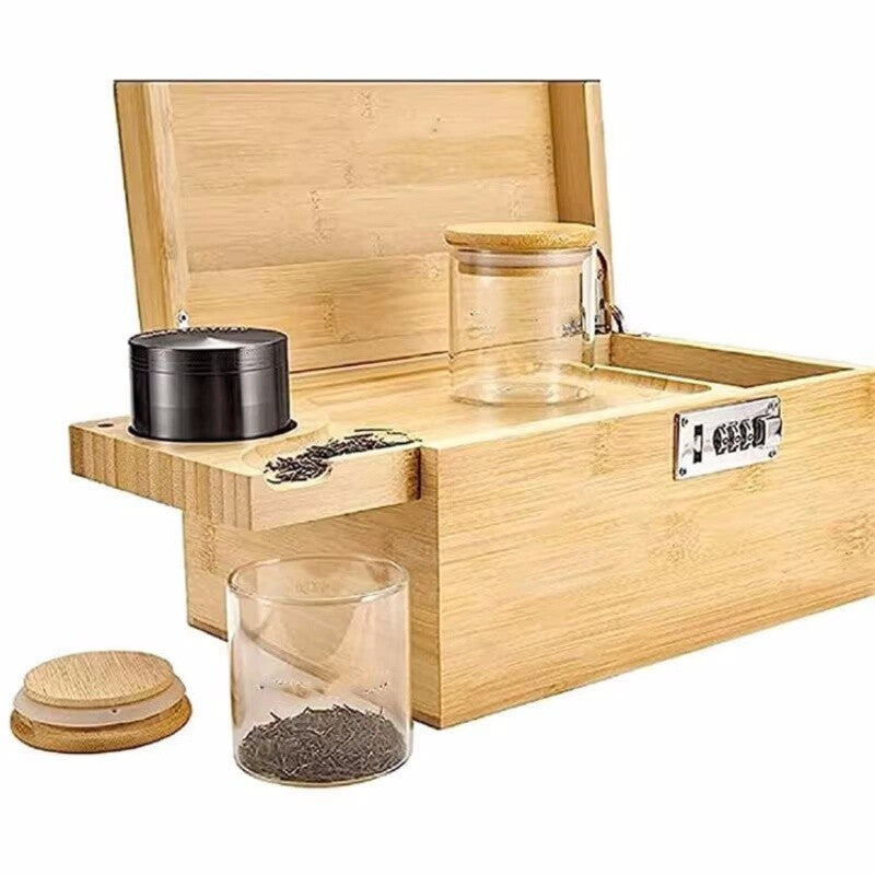 Bamboo Storage Chest with Movable Tray Locking Grinder and Jars Stash Box Bundle