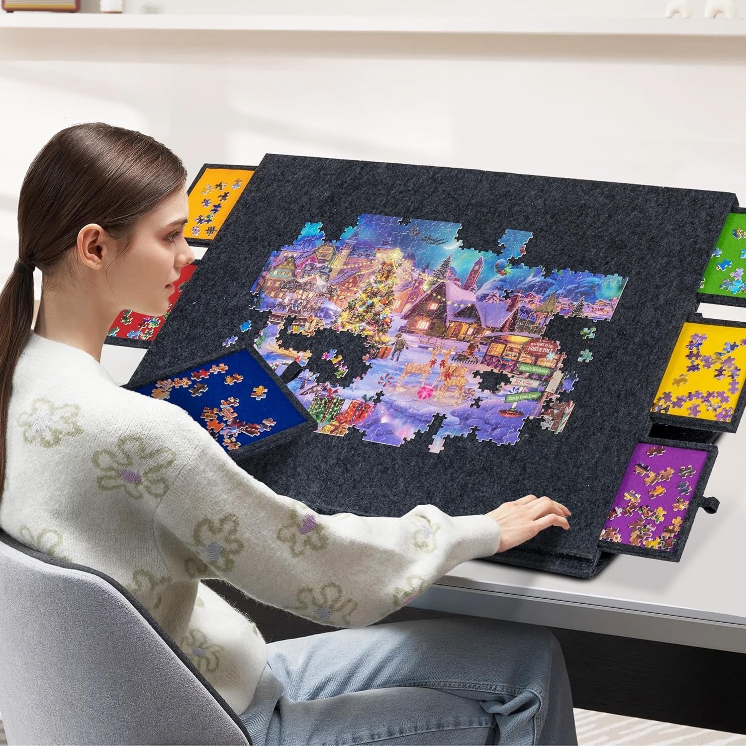 2000 Piece Tilting & Foldable Puzzle Board with 6 Colored Drawers & Cover Adjust