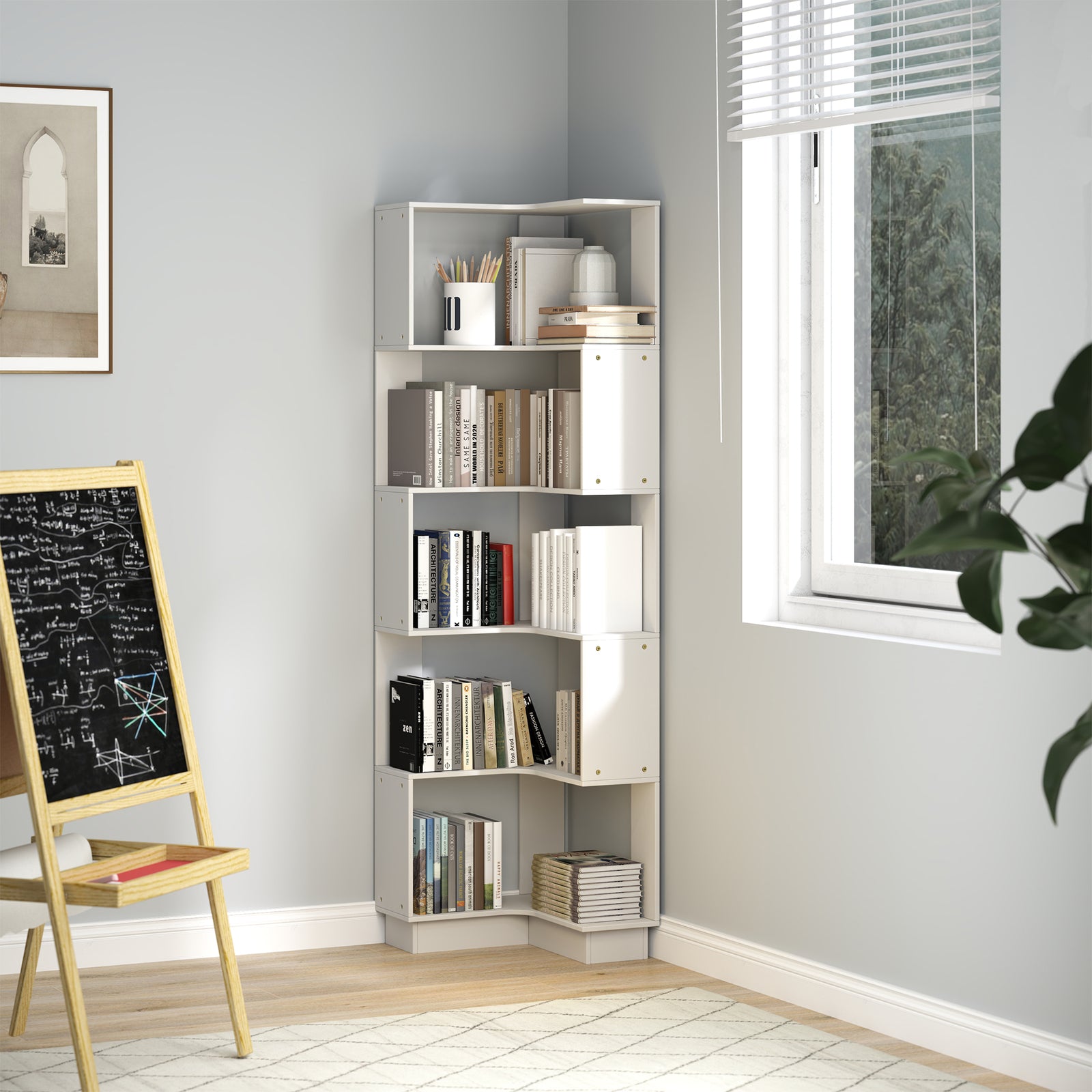 5 Tier Corner Bookshelf Open Display Bookcase for Study Office Books Organiser