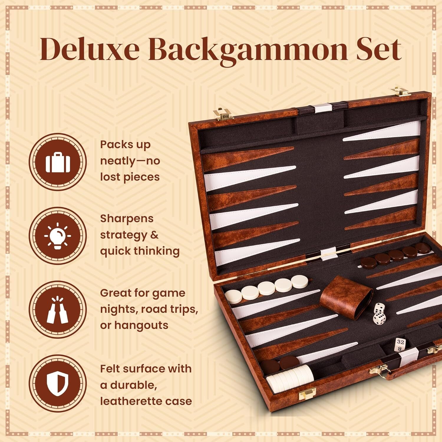 18 inch Premium Leather Backgammon Board Game Set Large Classic Board Game Case