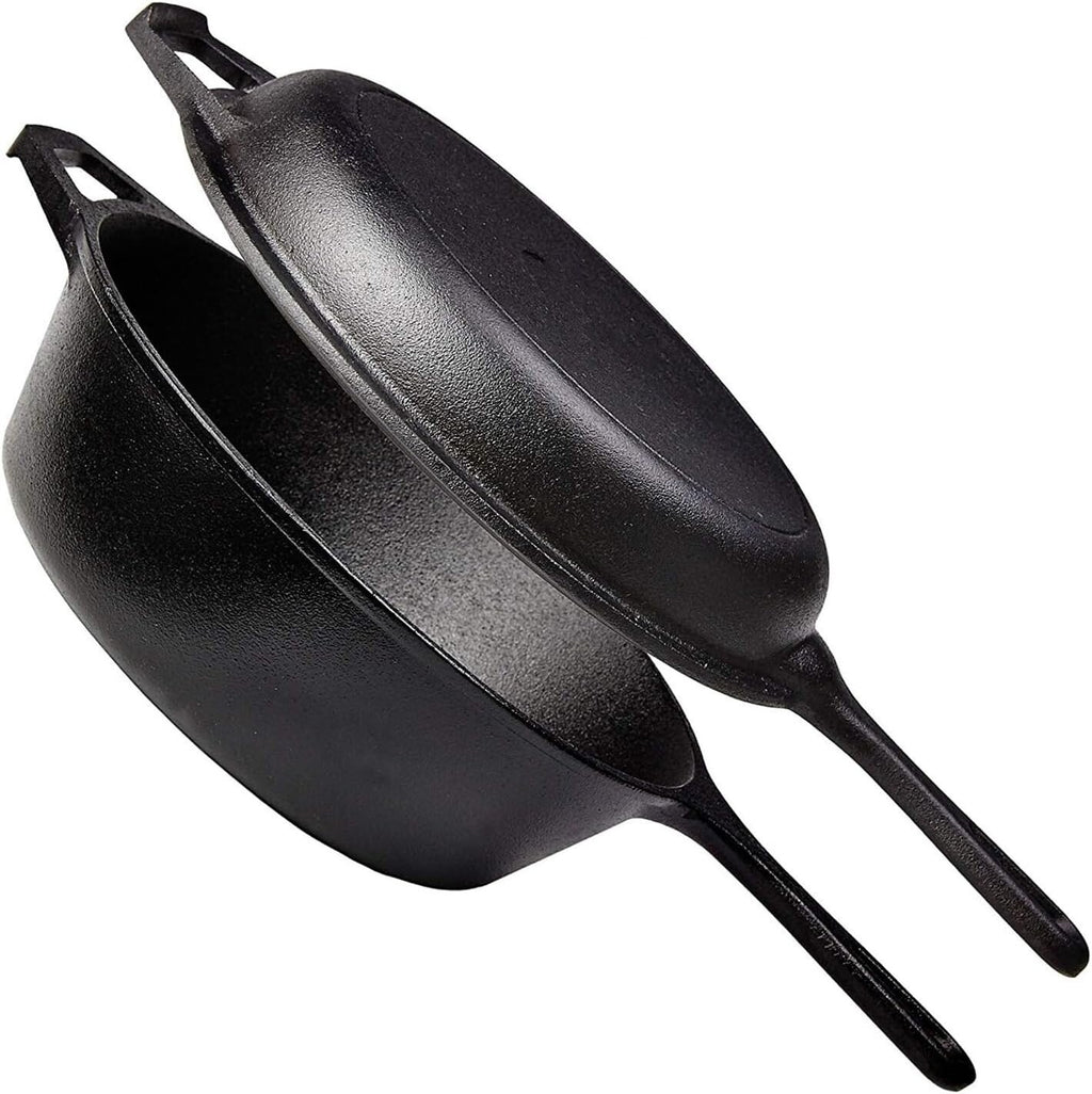 2 In 1 Cast Iron Dutch Oven Skillet 10" Cooker Pot for BBQ &Cooking & Frying Pan