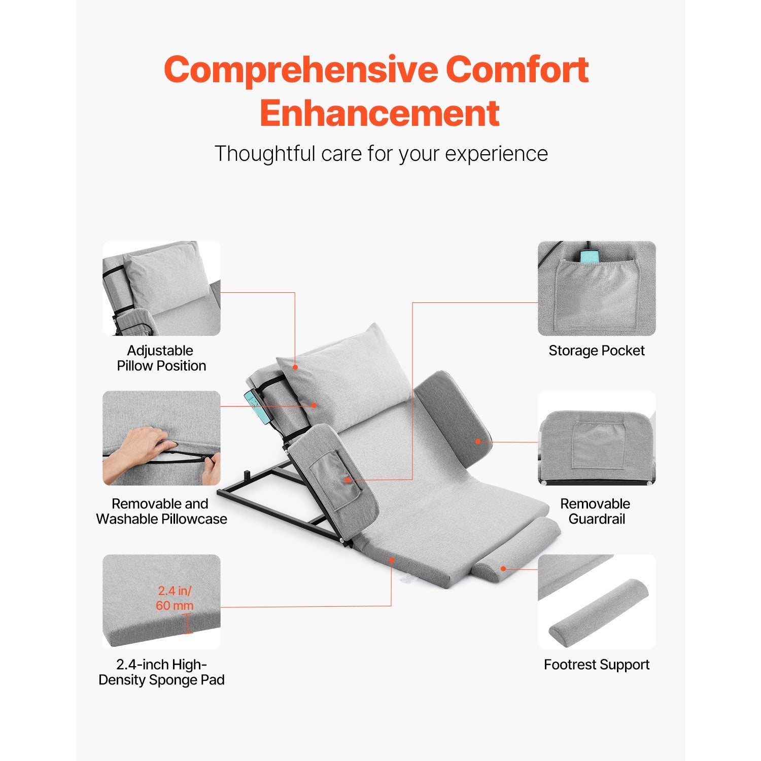 Adjustable Electric Bed Backrest with Guardrail & Pouch, 300lbs Capacity