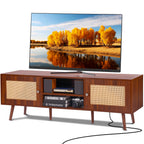 Rattan TV Stand with Built-in Socket for 65" TVs, Boho Style, Walnut Finish