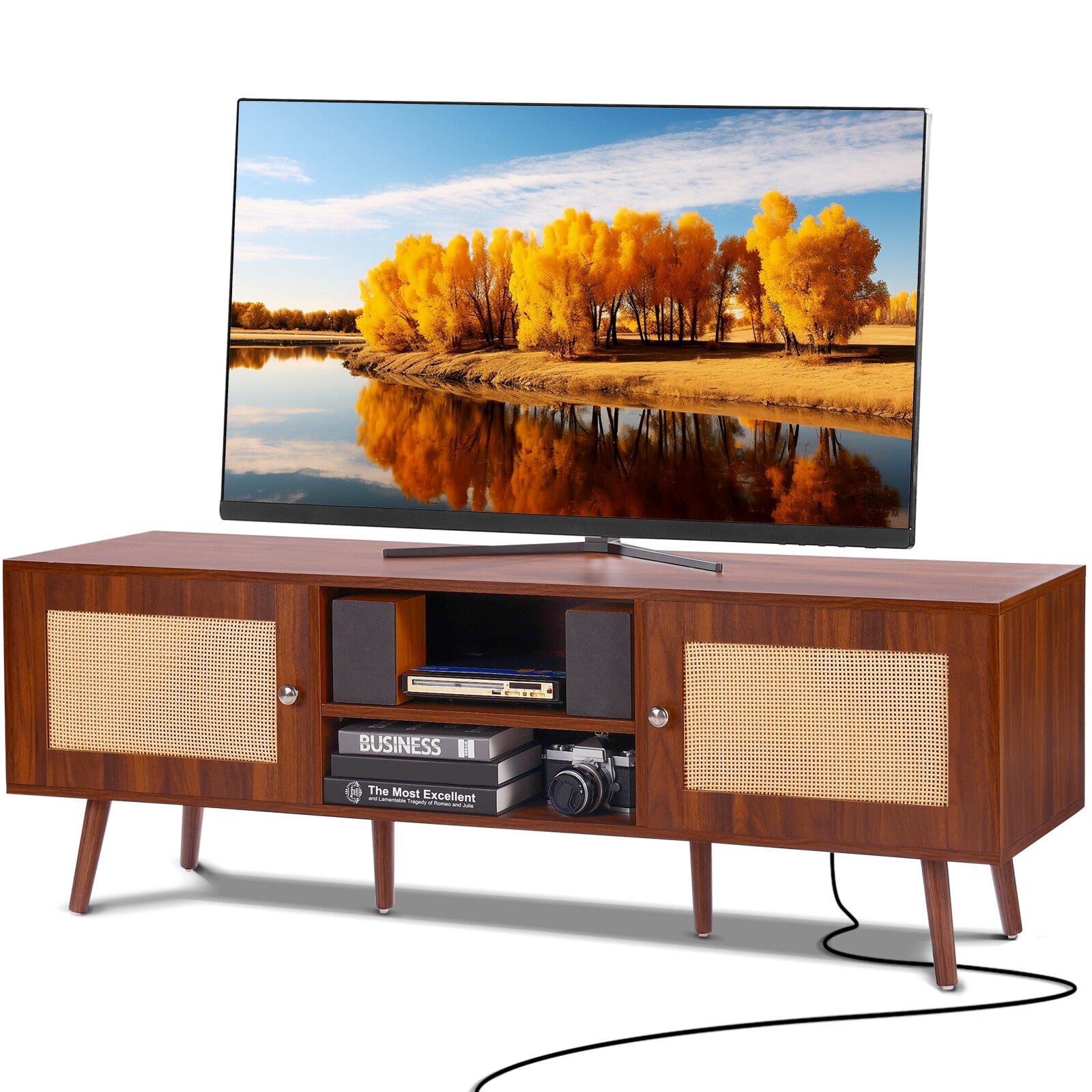 Rattan TV Stand with Built-in Socket for 65" TVs, Boho Style, Walnut Finish