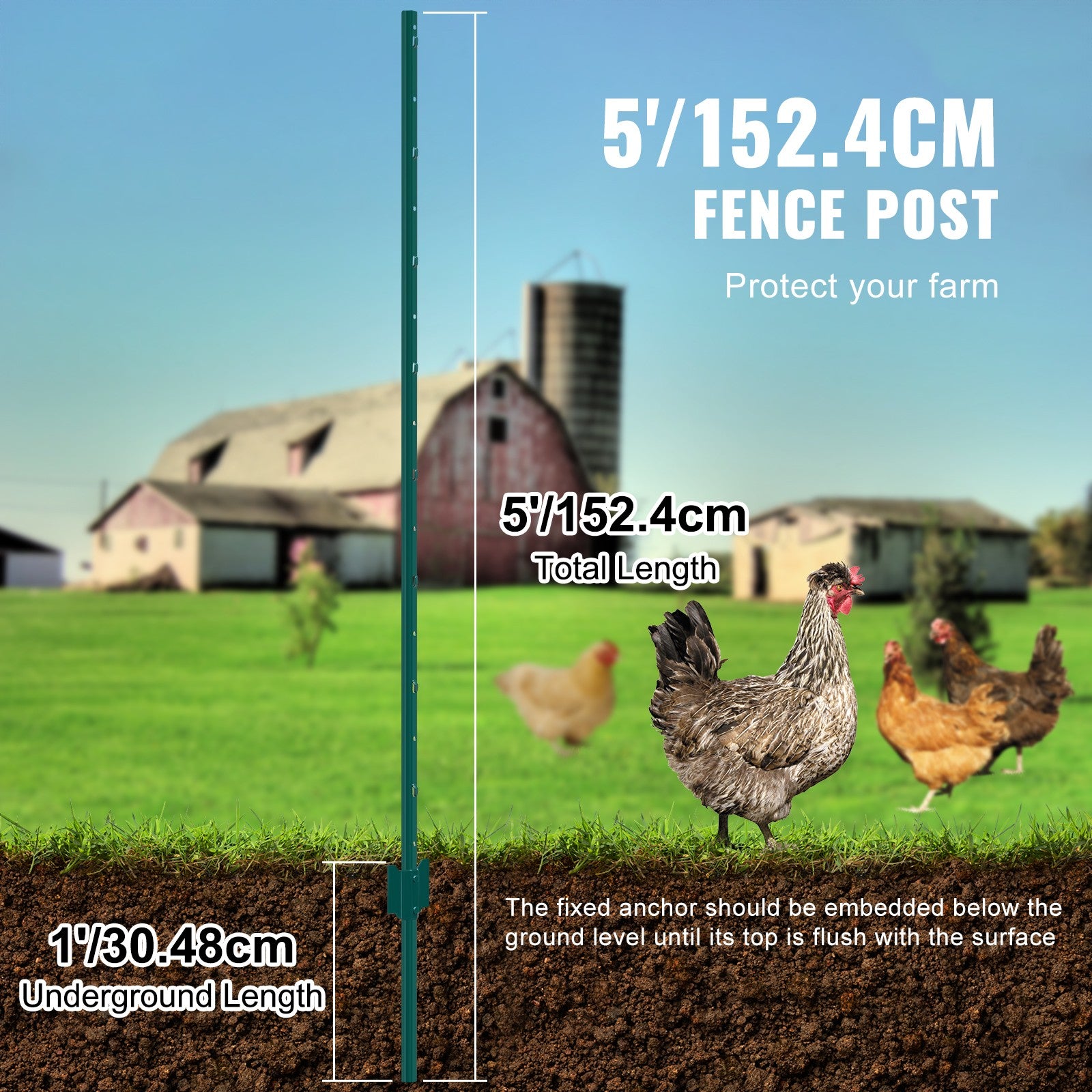 5 Ft U-Channel Metal Fence Posts, Set of 10, Durable Green