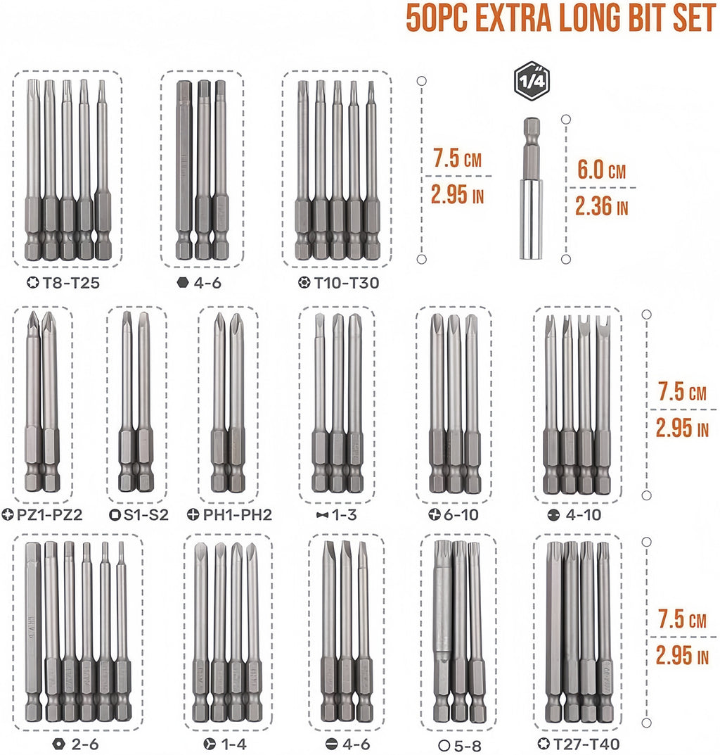 50pcs Screwdriver Bit Set Hex Star Bits Philips Square Spanner Bits w/Case 75mm
