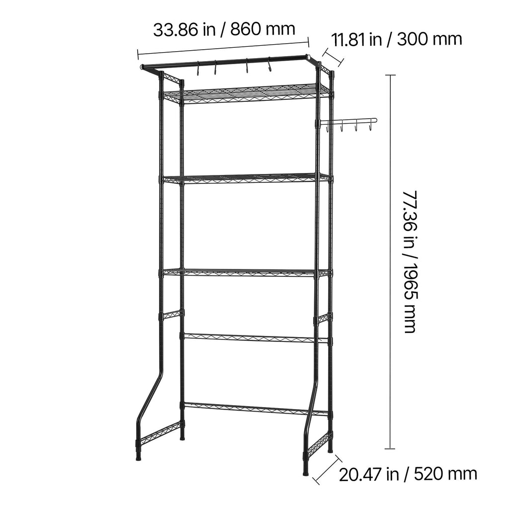 Adjustable Washer and Dryer Storage Shelf with Hooks and Rods, Black