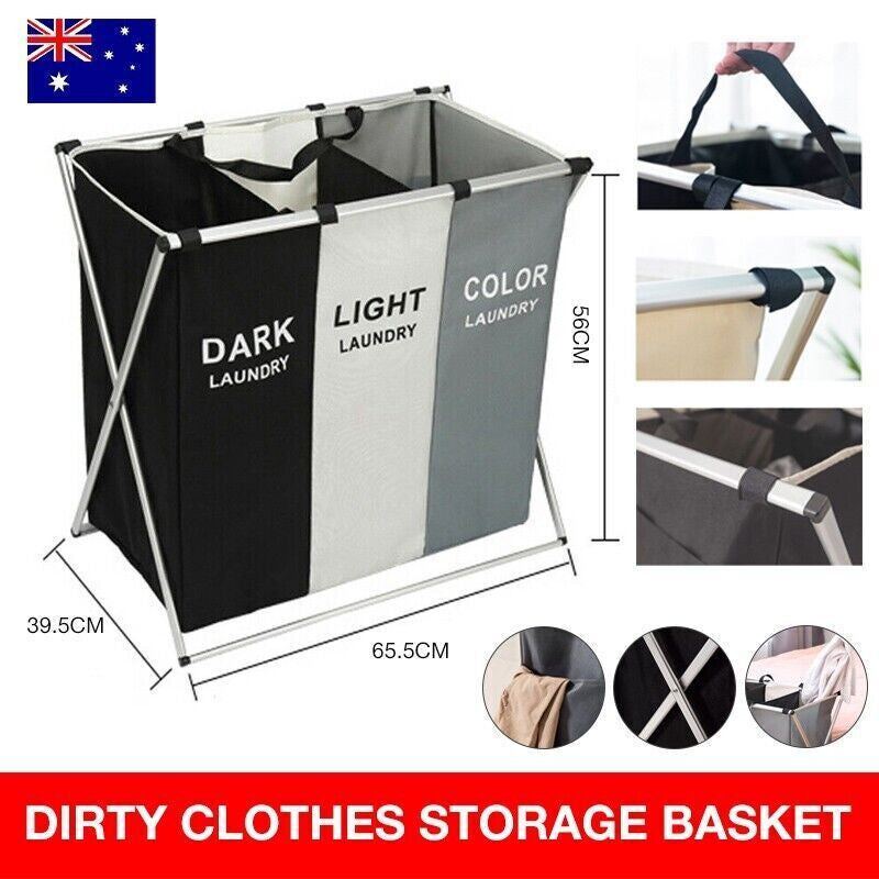 3 Sections ollapsible Laundry Hamper Basket Washing Bin Cloth Organiser Storagev