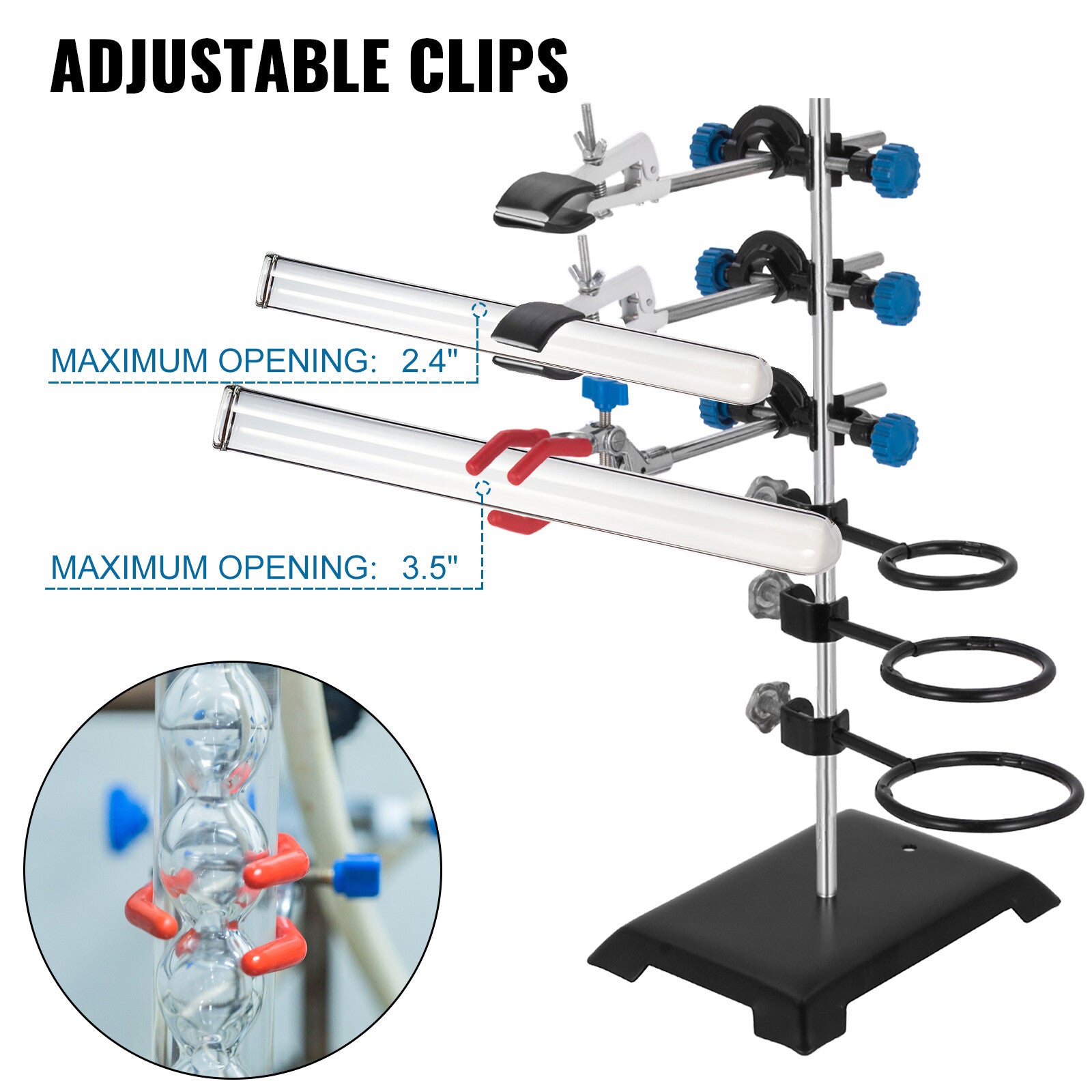 600mm Chemistry Lab Stand with Adjustable Clips & Hoops, Stainless Steel