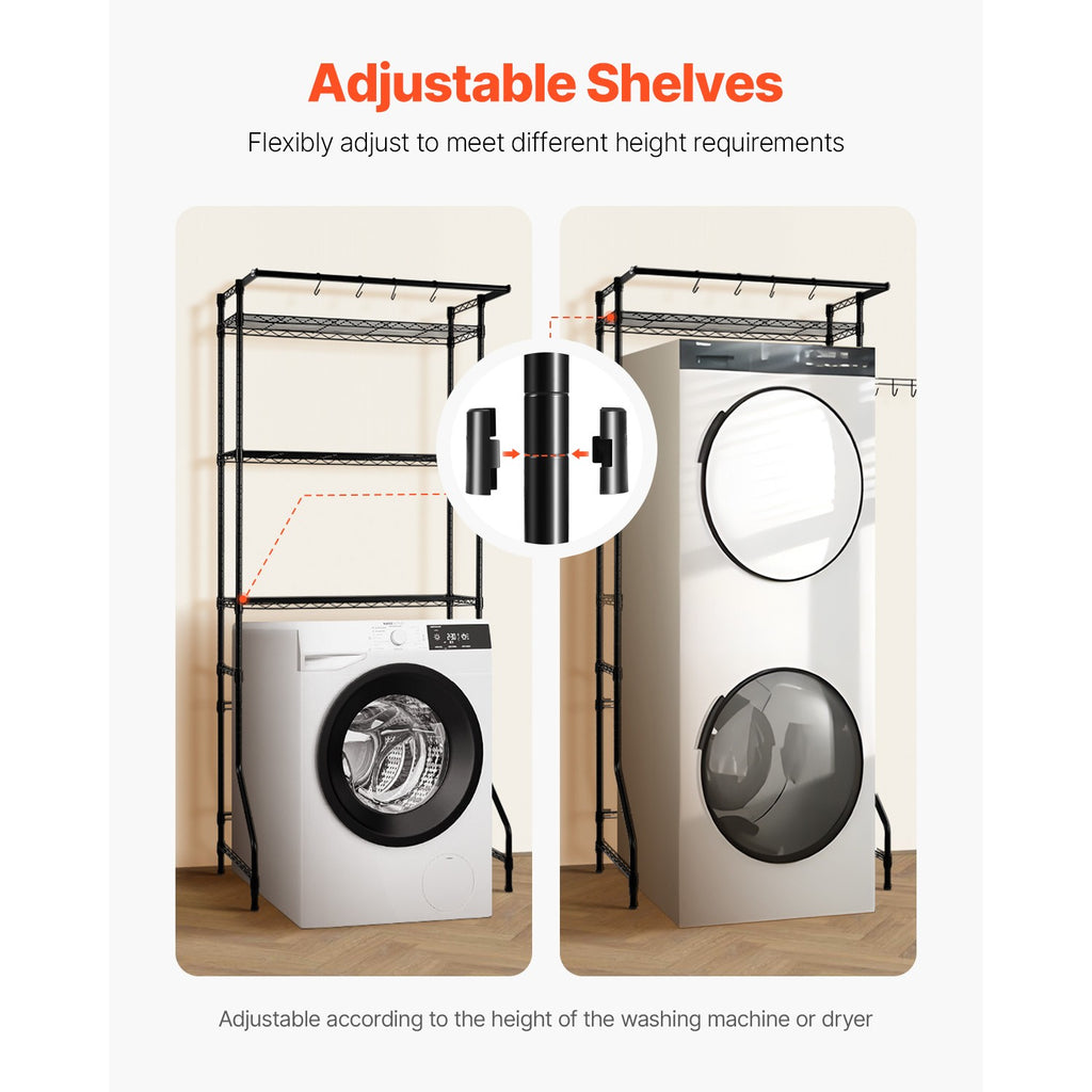Adjustable Washer and Dryer Storage Shelf with Hooks and Rods, Black