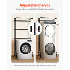 Adjustable Washer and Dryer Storage Shelf with Hooks and Rods, Black