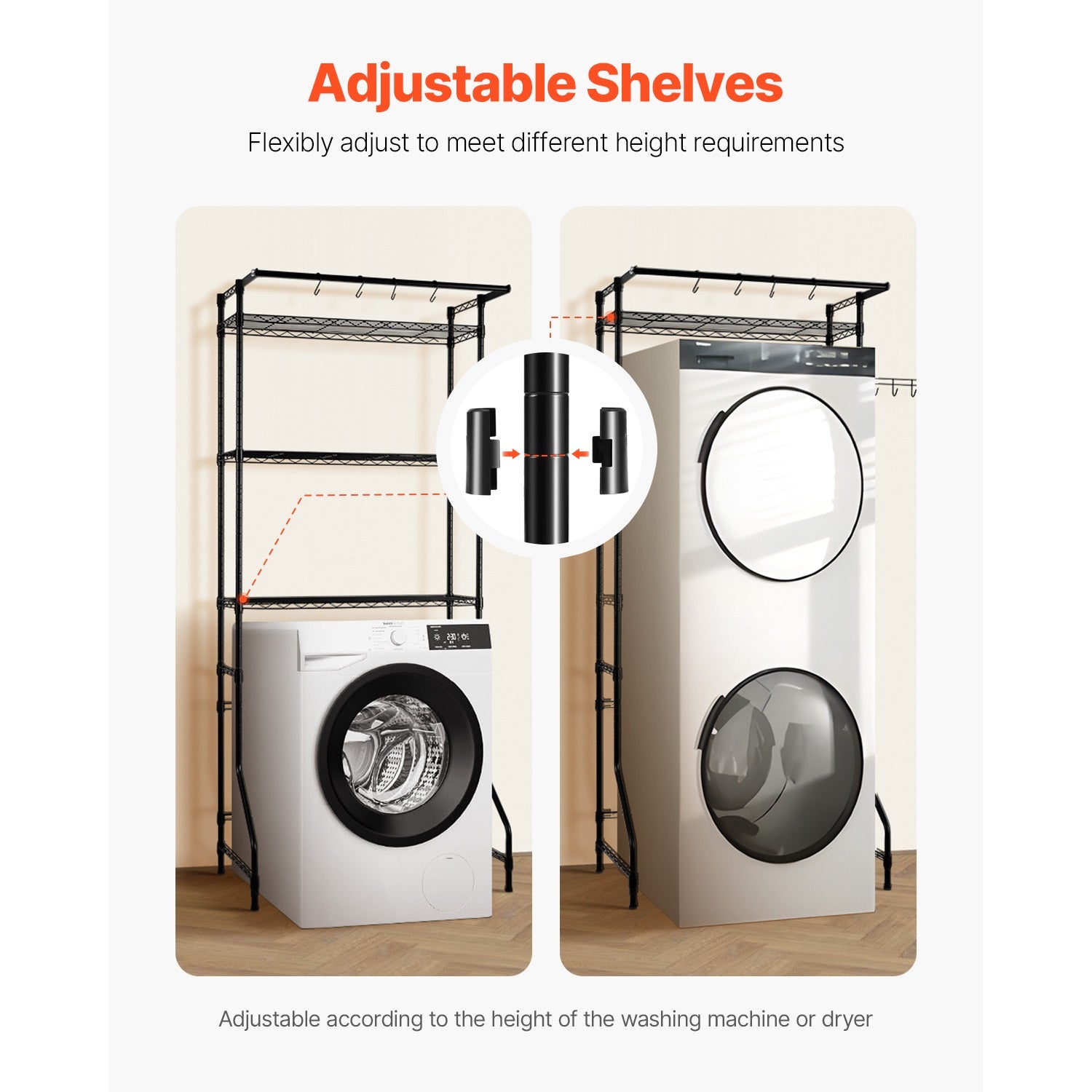 Adjustable Washer and Dryer Storage Shelf with Hooks and Rods, Black