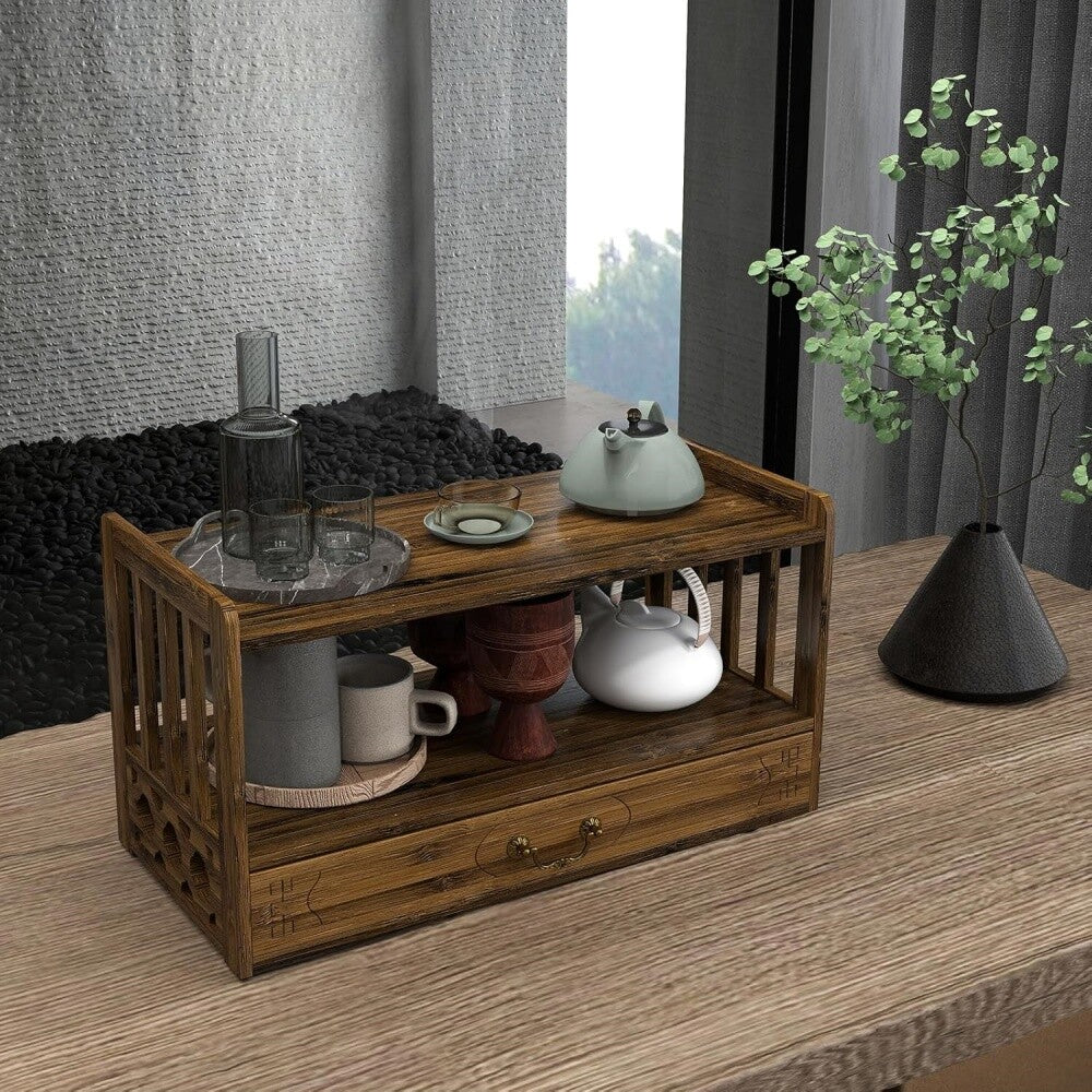 Meditation Altar Table for Spiritual Puja Table with Drawer Bamboo Furniture