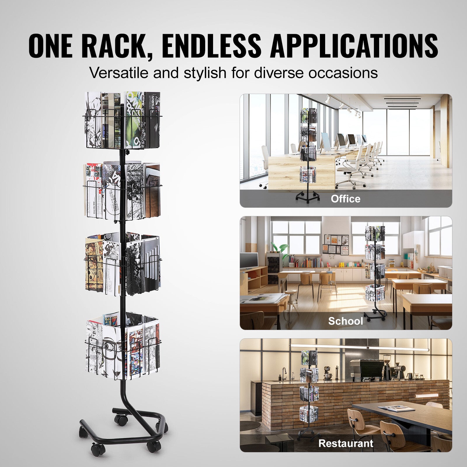 32-Pocket Rotating Brochure Display Stand with 360° Casters and 5 Wheels