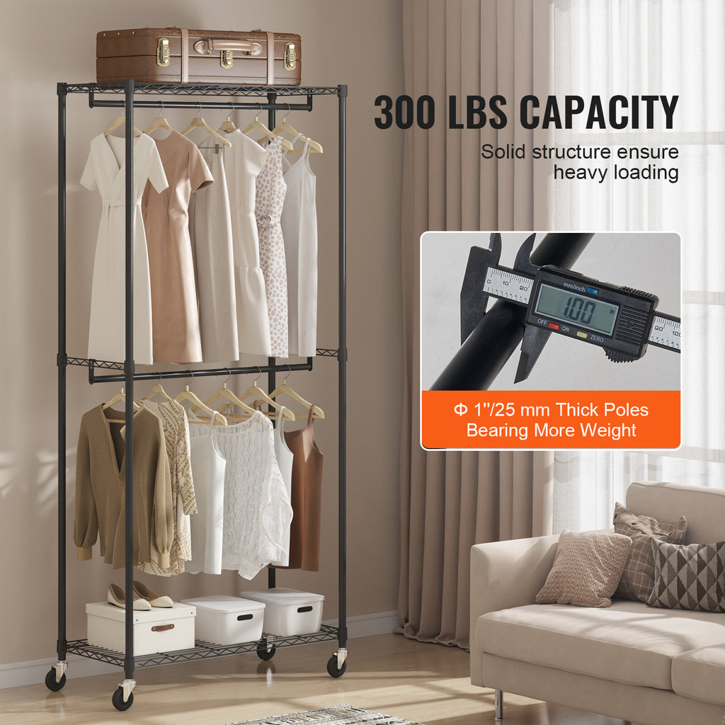 Heavy Duty Garment Rack with Double Hanging Rods & Adjustable Storage