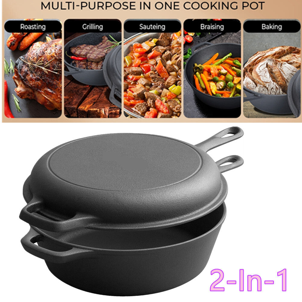 2 In 1 Cast Iron Dutch Oven Skillet 10" Cooker Pot for BBQ &Cooking & Frying Pan