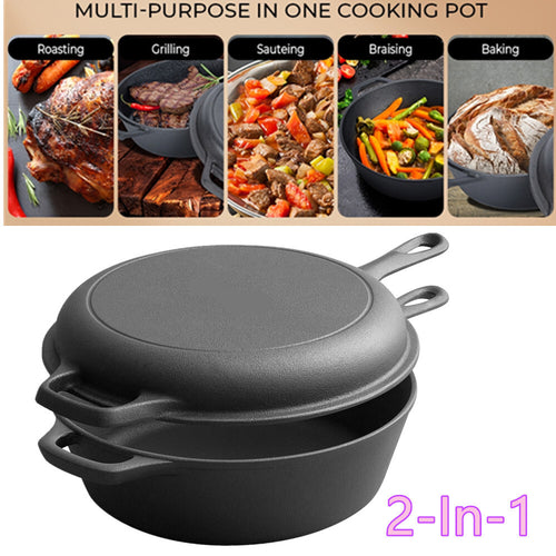 2 In 1 Cast Iron Dutch Oven Skillet 10" Cooker Pot for BBQ &Cooking & Frying Pan