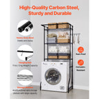 Adjustable Washer and Dryer Storage Shelf with Hooks and Rods, Black