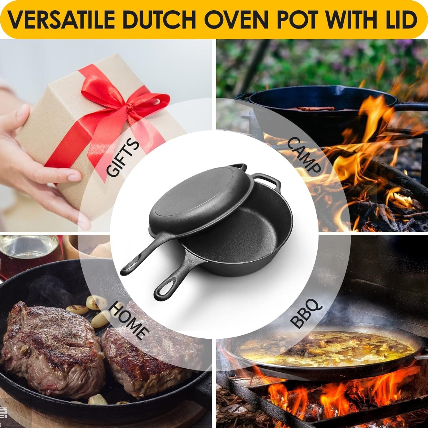 2 In 1 Cast Iron Dutch Oven Skillet 10" Cooker Pot for BBQ &Cooking & Frying Pan