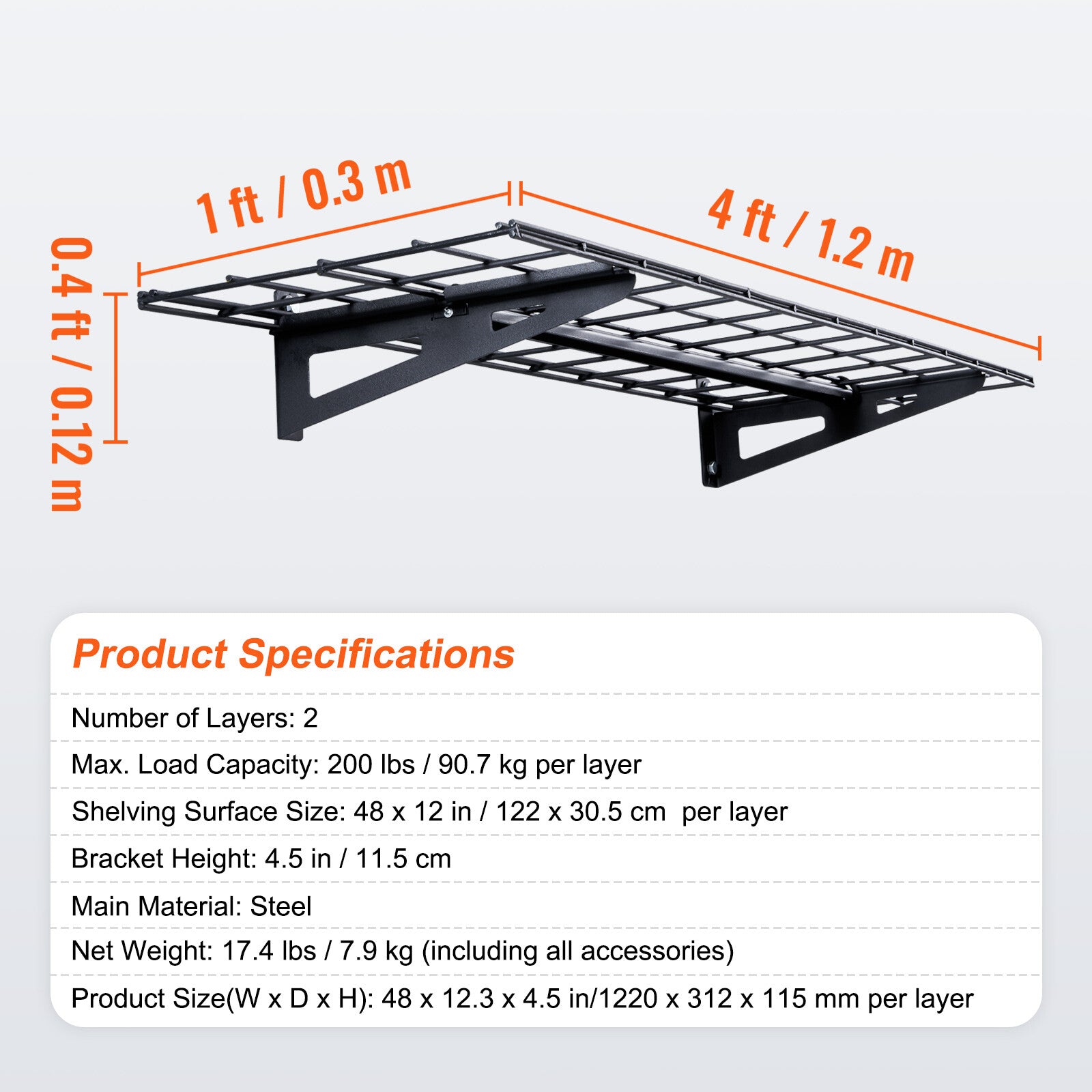 Heavy Duty 48x12in Garage Storage Shelving with Wall Mounted Design
