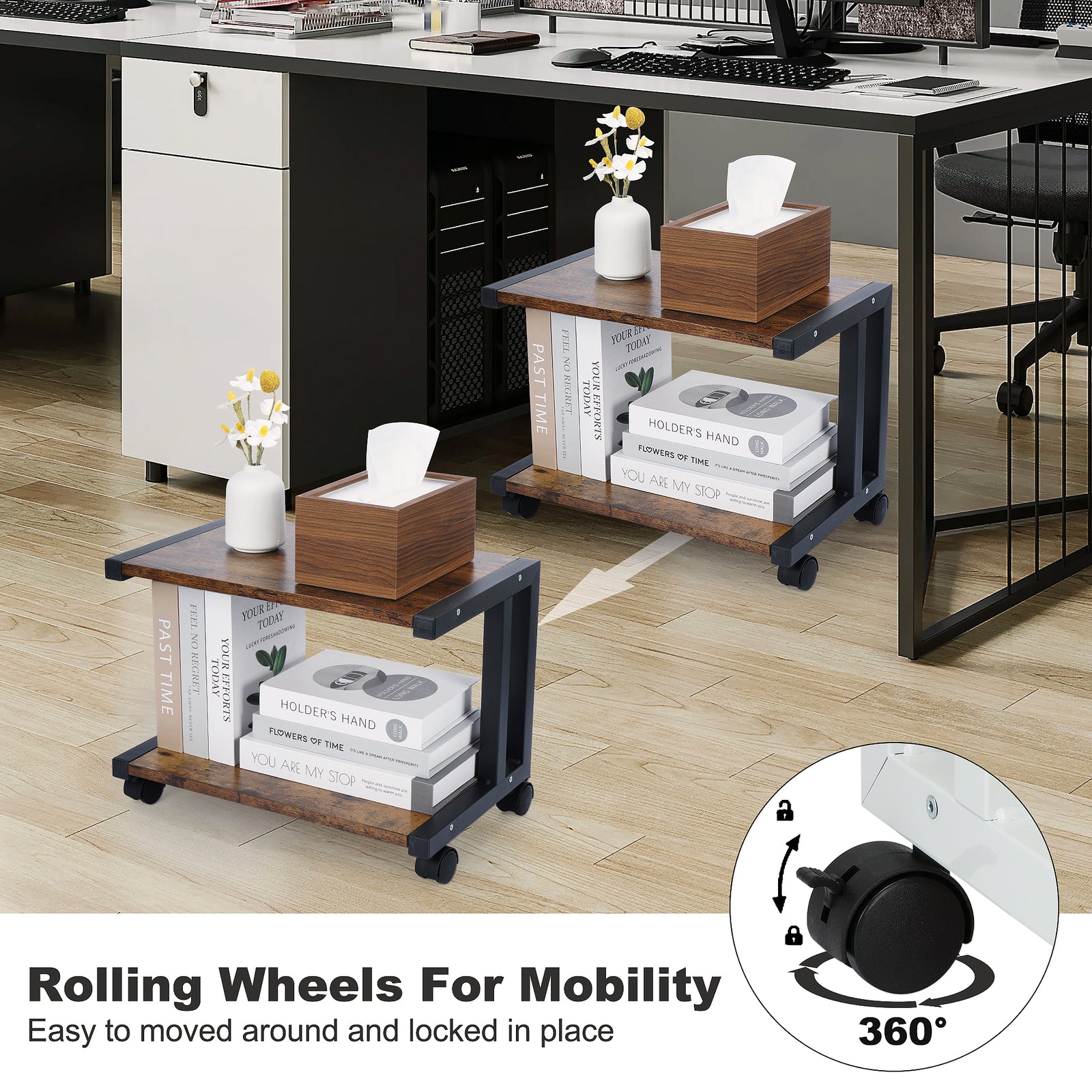 Under Desk Printer Stand 2 Tier Printer Rolling Cart Rack Storage Shelf w/Wheels
