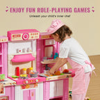 Kids Kitchen Playset with 74 Accessories - Pink Pretend Cooking Toy Set