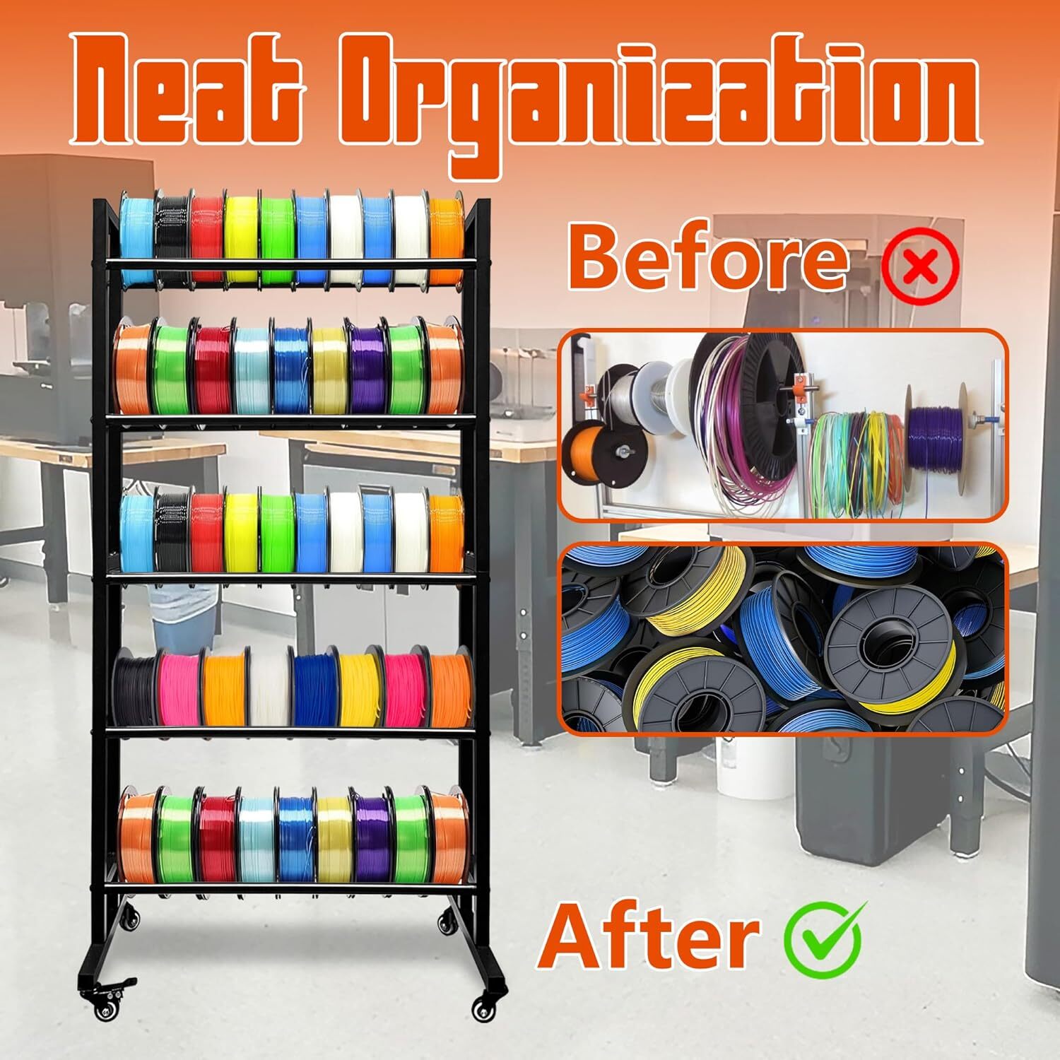 3D Printer Filament Storage Rack, Heavy Duty Metal 5-Tier Rolling Shelves