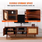 Rattan TV Stand with Built-in Socket for 65" TVs, Boho Style, Walnut Finish