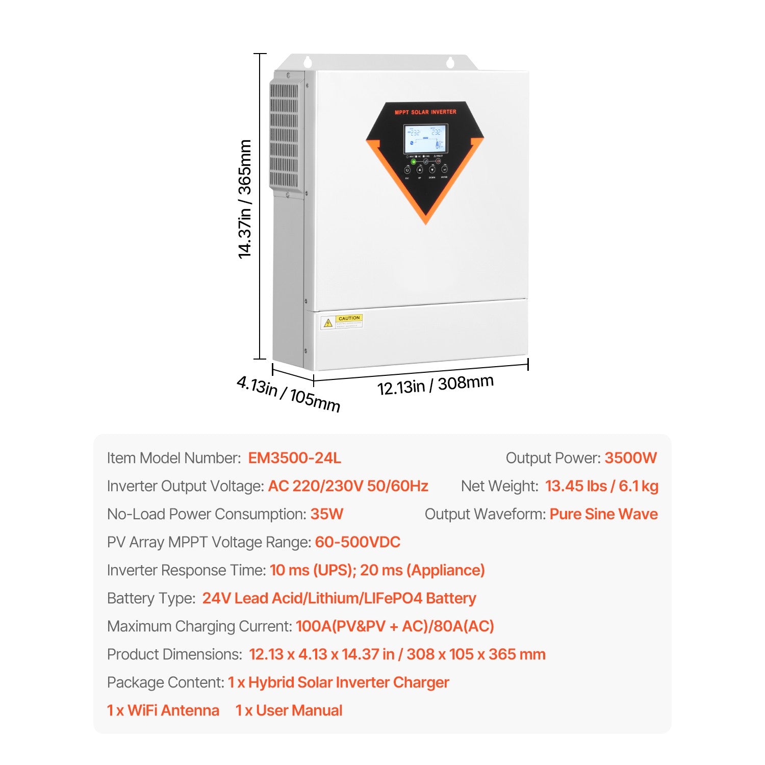3500W Hybrid Solar Inverter Charger with 100A MPPT Controller, 24V Battery Compatible