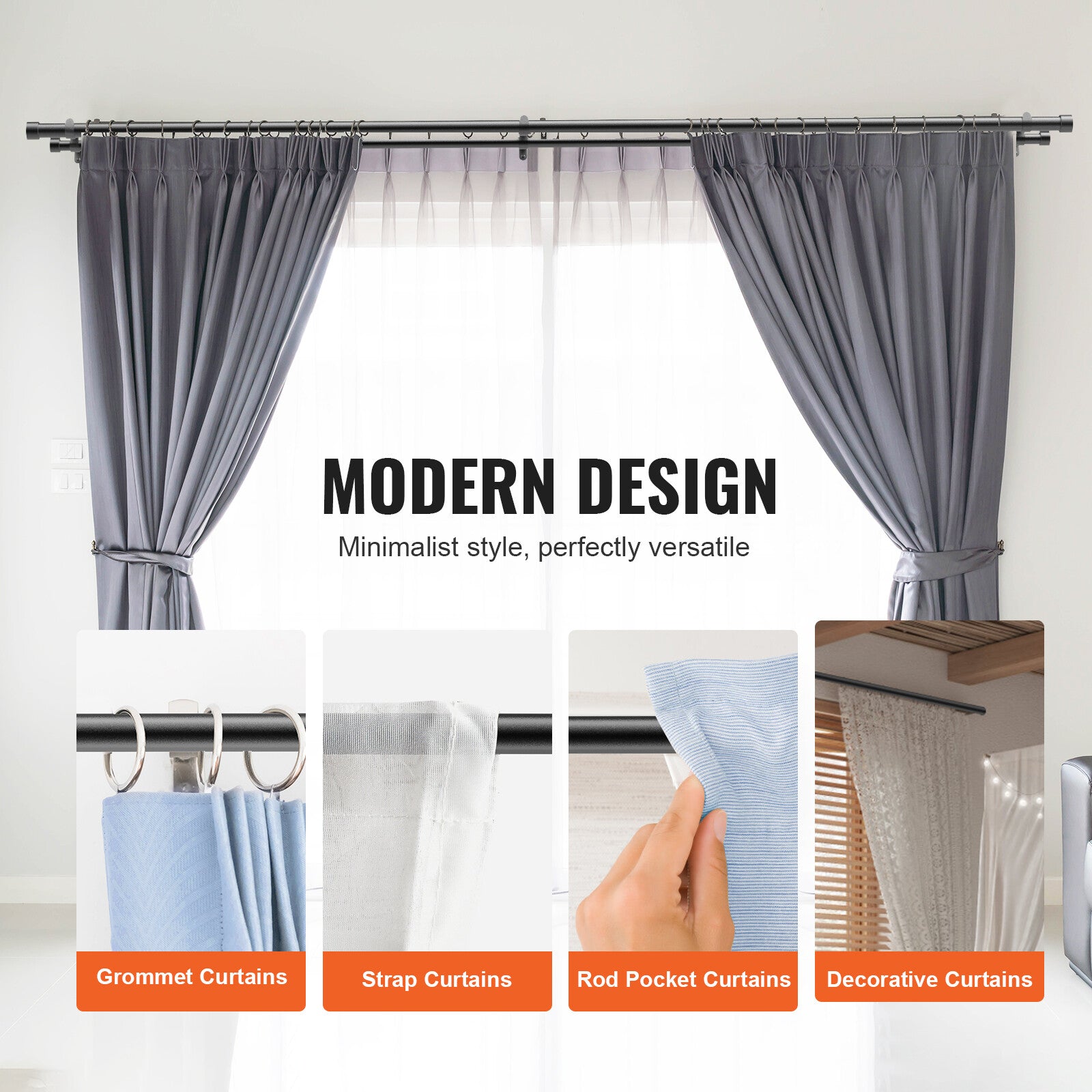 Adjustable Double Curtain Rods 72-144" with Cap Finials, Matte Black Finish