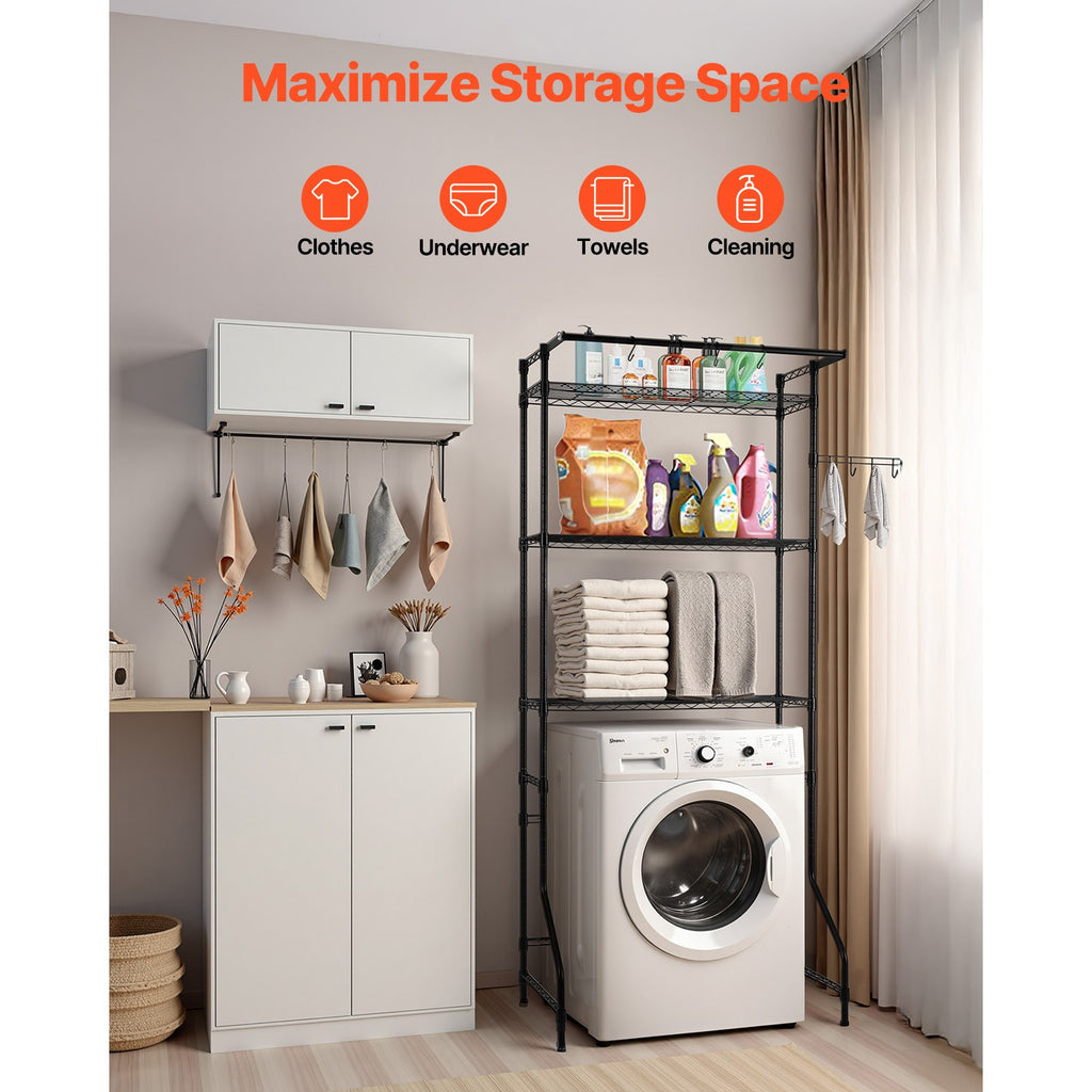 Adjustable Washer and Dryer Storage Shelf with Hooks and Rods, Black