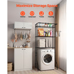 Adjustable Washer and Dryer Storage Shelf with Hooks and Rods, Black