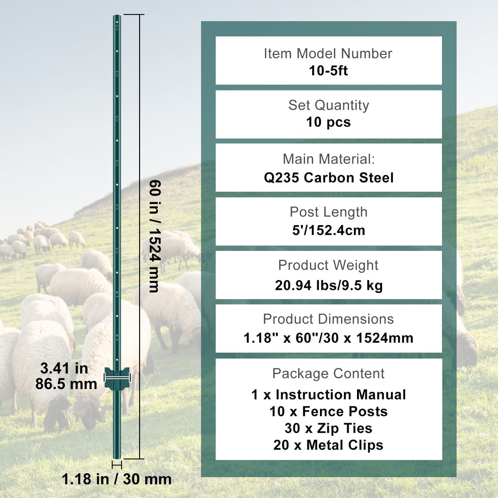 5 Ft U-Channel Metal Fence Posts, Set of 10, Durable Green