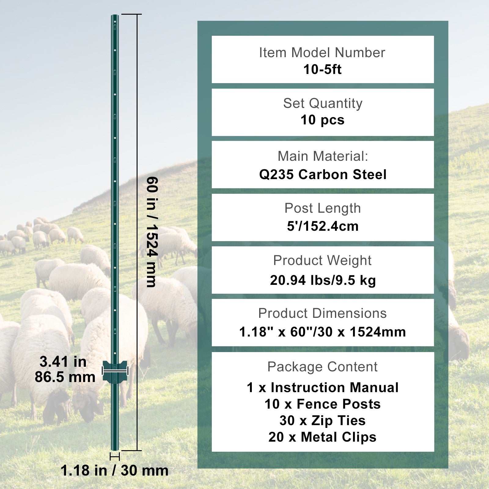 5 Ft U-Channel Metal Fence Posts, Set of 10, Durable Green
