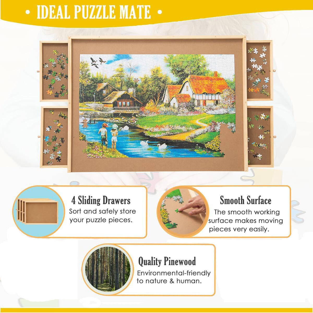 4-Drawer Puzzle Table Board 1000Pcs Wooden Puzzle Organizer Promote Parenthood