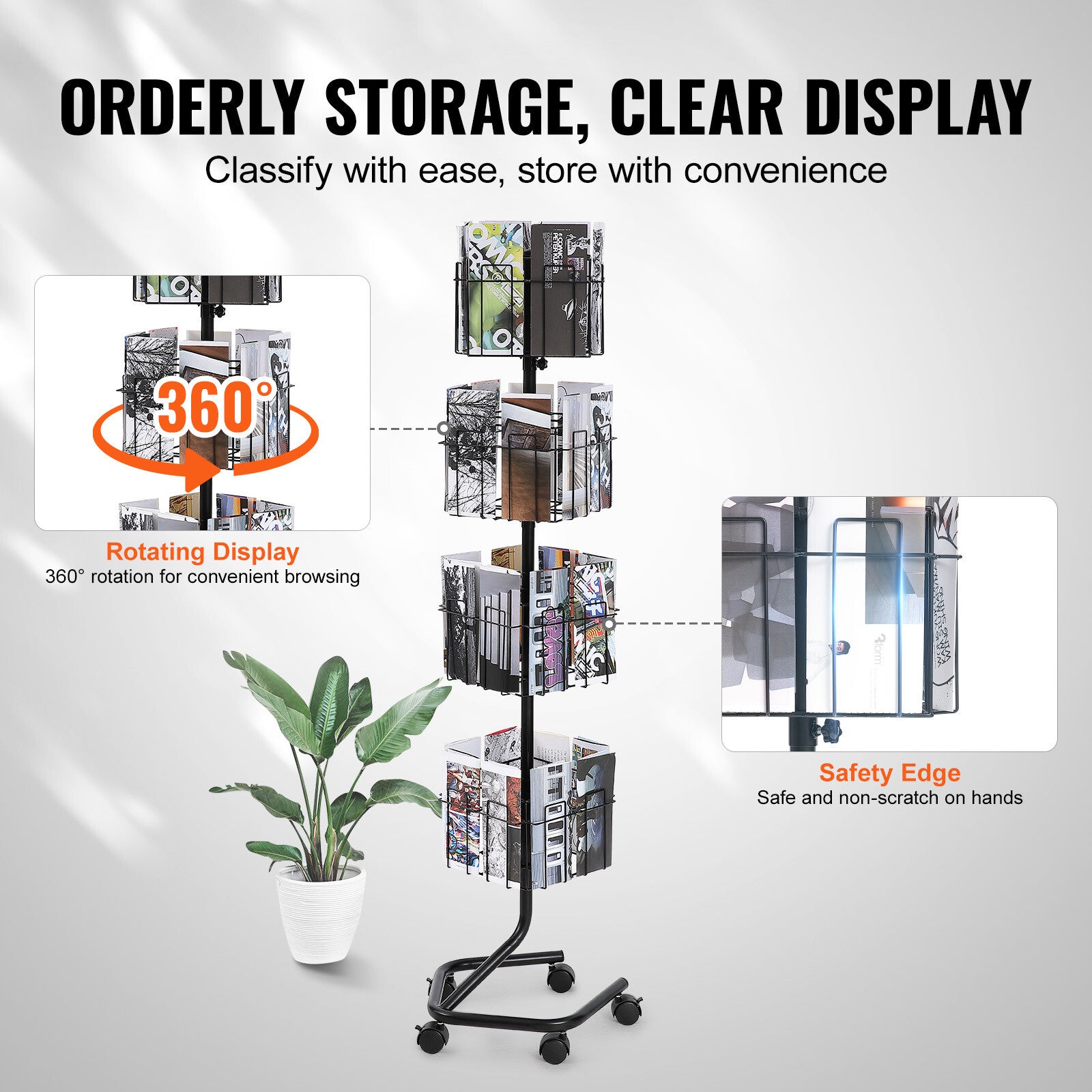 32-Pocket Rotating Brochure Display Stand with 360° Casters and 5 Wheels