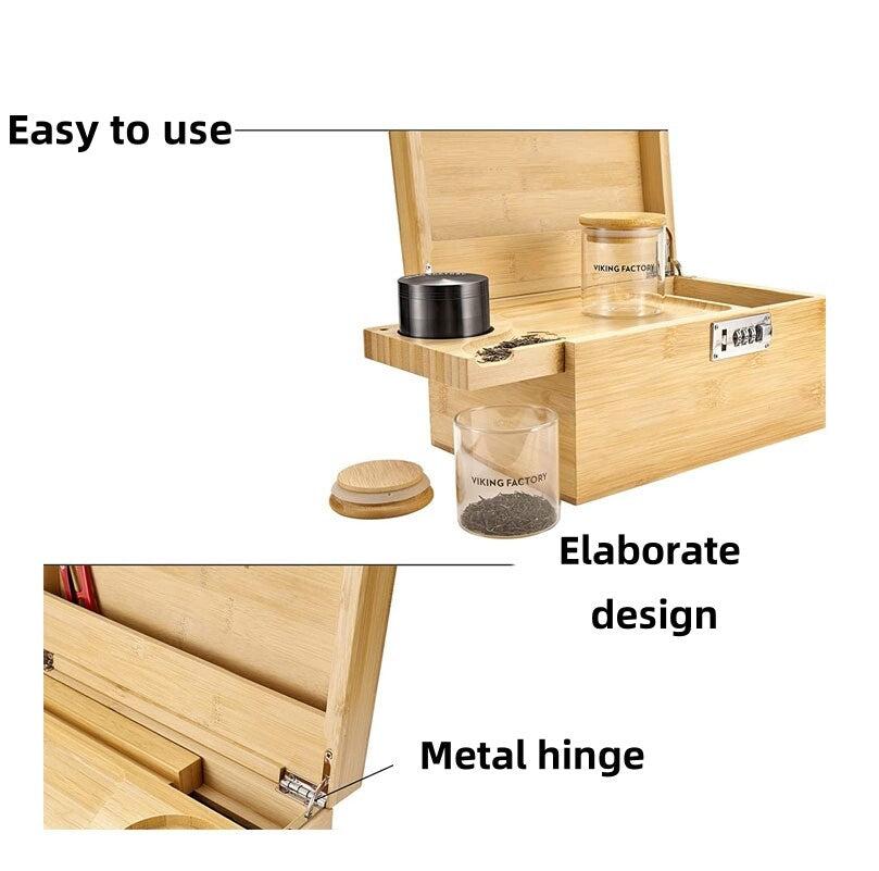 Bamboo Storage Chest with Movable Tray Locking Grinder and Jars Stash Box Bundle