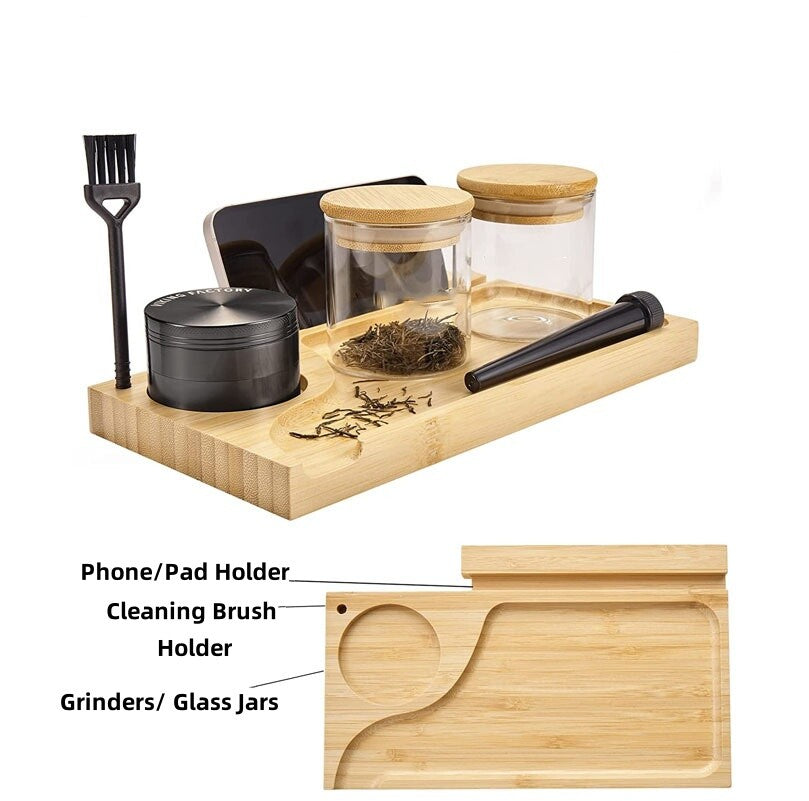 Bamboo Storage Chest with Movable Tray Locking Grinder and Jars Stash Box Bundle