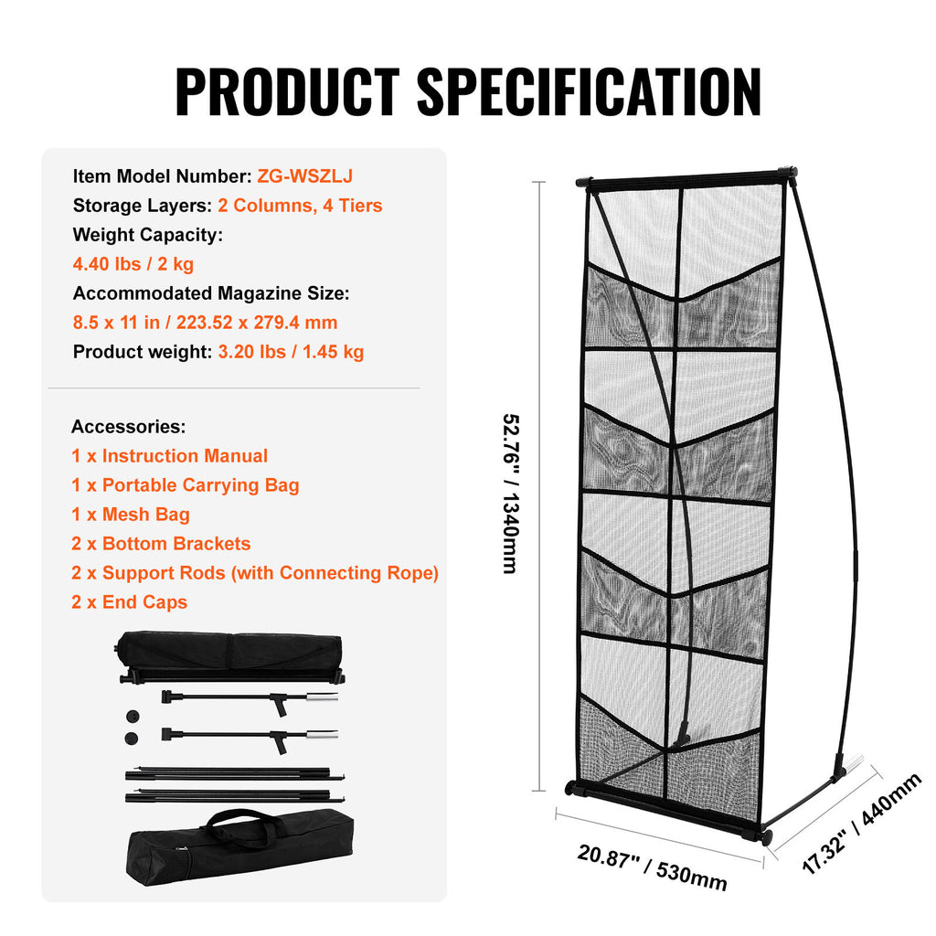 4-Tier Mesh Brochure Display Stand with 8 Pockets for Magazines & Flyers