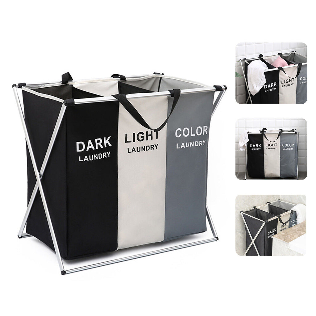 3 Sections ollapsible Laundry Hamper Basket Washing Bin Cloth Organiser Storagev